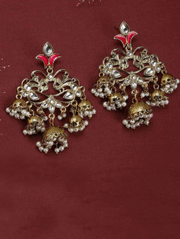 Fida - Ethnic Indian Traditional Gold Kundan & Red Enamelled Jhumka Earrings For Women