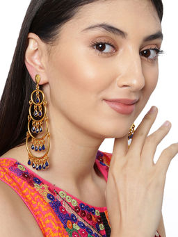 Fida - Gold Blue Drop On Leaf Earrings