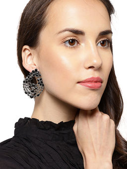 Fida - Black Stone Encrusted Classic Floral Drop Earrings