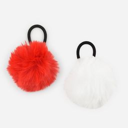 ToniQ - Red & White Fluffy Fur Rubber Band Set For Women (Set of 2)