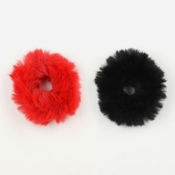 ToniQ - Red & Black Fluffy Fur Scrunchie Rubber Band Set For Women (Set of 2)