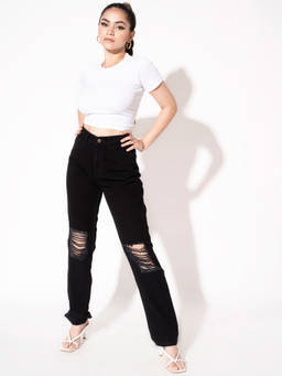Off Duty India - Off Duty Black Shred Straight Leg High Rise Jeans