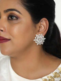 Ornate Jewels - 925 Sterling Silver American Diamond Shelly Flower Stud Earrings for Women Girls One Size