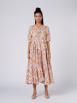Okhai - Pink Fragrance Hand Block Printed Midi Dress