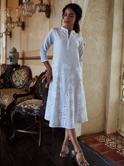 Okhai - 'Ivory Tusk' Hand Embroidered Mirror Work Pure Cotton Dress