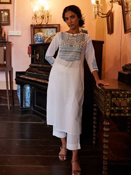 Okhai - 'Glacier' Hand Embroidered Mirror Work Pure Cotton Long Kurta