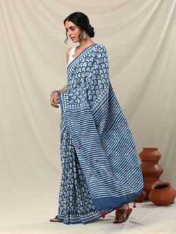 Okhai - Shea Handblock Printed Mirror Work Pure Cotton Saree with Unstitched Blouse Piece