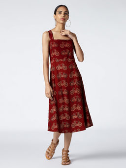 Okhai - Maroon Drift Cotton Hand Block Printed Dress