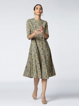 Okhai - Olive Khloe Embroidered Cotton Ajrakh Dress