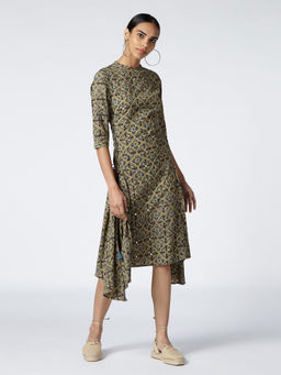 Okhai - Olive Henna Embroidered Cotton Ajrakh Dress