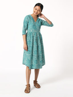 Okhai - Turquoise Surge Cotton Hand Block Wrap Dress