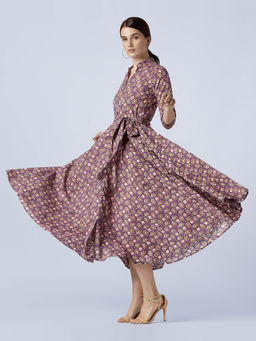 Okhai - Purple Swirl Pure Cotton Hand Block Printed Dress