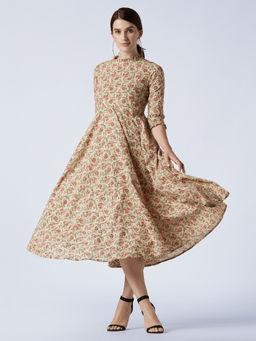 Okhai - Beige Lily Love Pure Cotton Hand Printed Dress