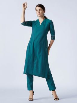 Okhai - Teal Blue Solid Kurta And Pant (Set of 2)