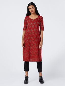 Okhai - Red Bouquet Embroidered Cotton Kurta