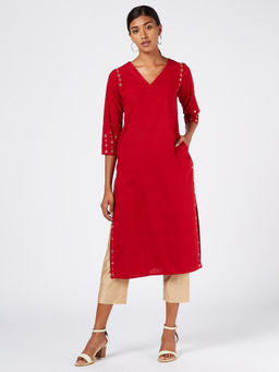 Okhai - Red Tulip Cotton Embroidered Kurta