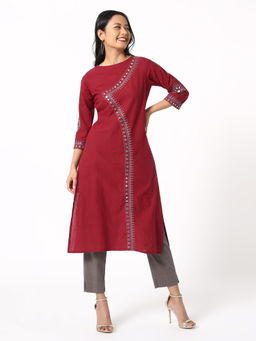 Okhai - Maroon Ruby Embroidered Cotton Kurta