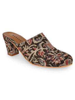 KANVAS - Women Green Olive Kalamkari Floral Print Block Heels