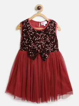 Bella Moda - Girls Maroon Sequined Net Fit And Flare Dress With Bow Detail