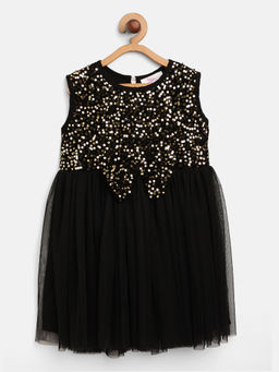 Bella Moda - Girls Black Golden Sequinned Fit Flare Dress