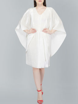 Attic Salt - Flutter Sleeve Pleated White Satin Dress
