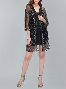 Attic Salt - Black Embellished Long Shrug