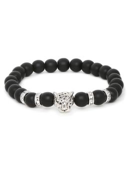 OOMPH - Black Beads With Silver Panther Leopard Bead Punk Biker Fashion Bracelet For Men & Boys