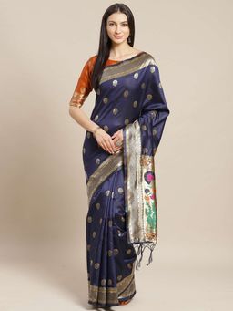 Sareemall - Navy Blue Handloom Saree Unstitched Blouse
