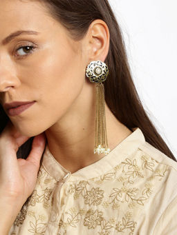 Fida - Gold Tone White Pearl Blue Enamel Tassel Drop Earrings