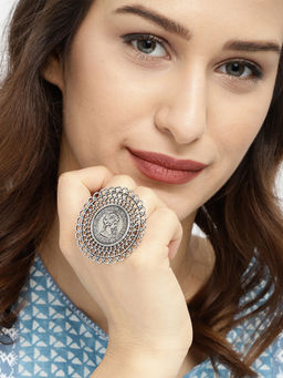 Fida - Wedding Ethnic Oxidised Silver Daisy Adjustable Finger Rings for Women