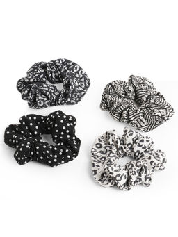 ToniQ - Set Of 4 Monochrome Black & White Printed Scrunchies Rubber Band (OSXXIH55)