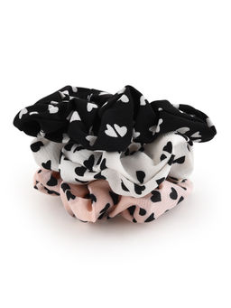 ToniQ - Black,White & Pink Heart Printed Hair Scrunchie Rubber Band For Girls (Pack of 3)