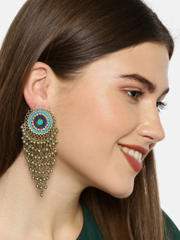 Fida - Wedding Ethnic Antique Gold Gunghroo Beads Turquoise Beaded Drop Earrings For Women & Girls