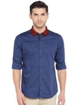 Turtle - Navy Blue Self Design Formal Shirt