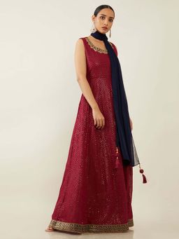Soch - Maroon Pure Georgette Suit Set (Set of 3)