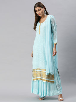 Soch - Blue Pure Georgette Embroidered Kurta And Salwar With Dupatta (Set of 3)