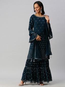 Soch - Teal Pure Georgette Embroidered Chudidar (Set Of 3)