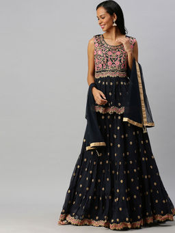 Soch - Navy Blue Pure Georgette Embroidered Ghagra Choli (Set Of 3)