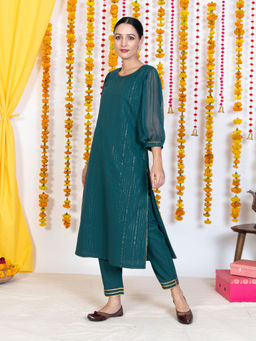Akiso - Green Round Neck With Chiffon Sleeves Kurta