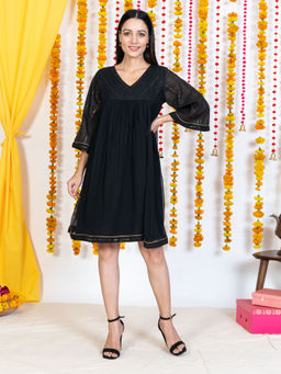 Akiso - Black Yolk With Chiffon Flare Dress