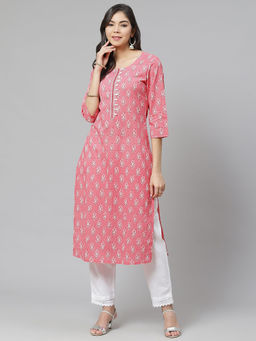 PIROH - Womens Printed & Embroidered Straight Kurta Pink