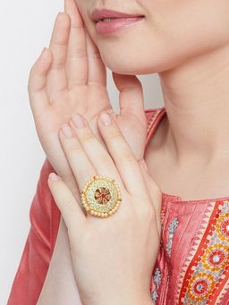 PANASH - Gold-Plated Red Green Pearl Cocktail Finger Ring