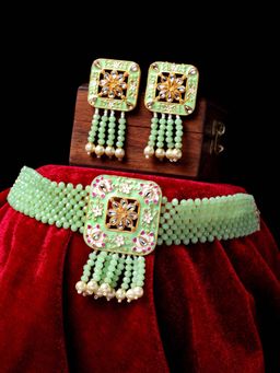 PANASH - Gold-Plated Green White Kundan-Studded Beaded Meenakari Jewellery Set