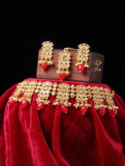 PANASH - Gold Plated Red White Kundan Studded Handcrafted Jewellery Set