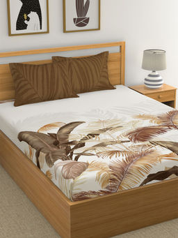 GM - White Brown Floral 180 TC Cotton Queen Bedsheet with 2 Pillow Covers (Set of 3)