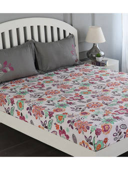 GM - White Multicoloured Floral Flat 150 TC Cotton Queen Bedsheet with 2 Pillow Covers (Set of 3)