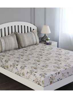 GM - Grey Beige Floral Flat 180 TC Cotton 1 Double Bedsheet with 2 Pillow Covers (Set of 3)