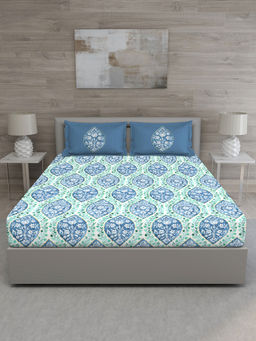 GM - Blue Ethnic Motifs 150 TC Cotton Queen Bedsheet with 2 Pillow Covers (Set of 3)