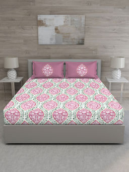 GM - Pink Green Floral 150 TC Cotton Queen Bedsheet with 2 Pillow Covers (Set of 3)