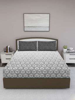 GM - Grey Geometric 180 TC Cotton Queen Bedsheet with 2 Pillow Covers (Set of 3)